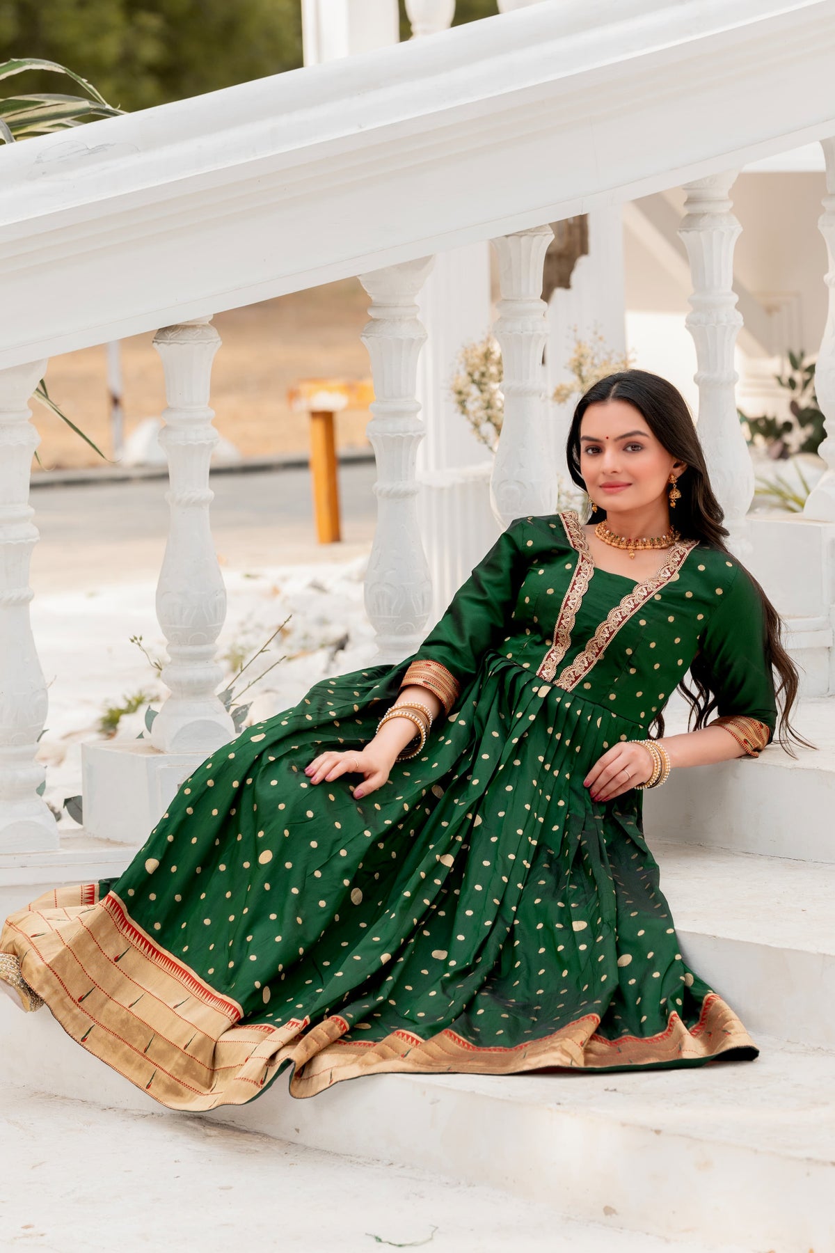 Bottle Green Polka Paithani Gown