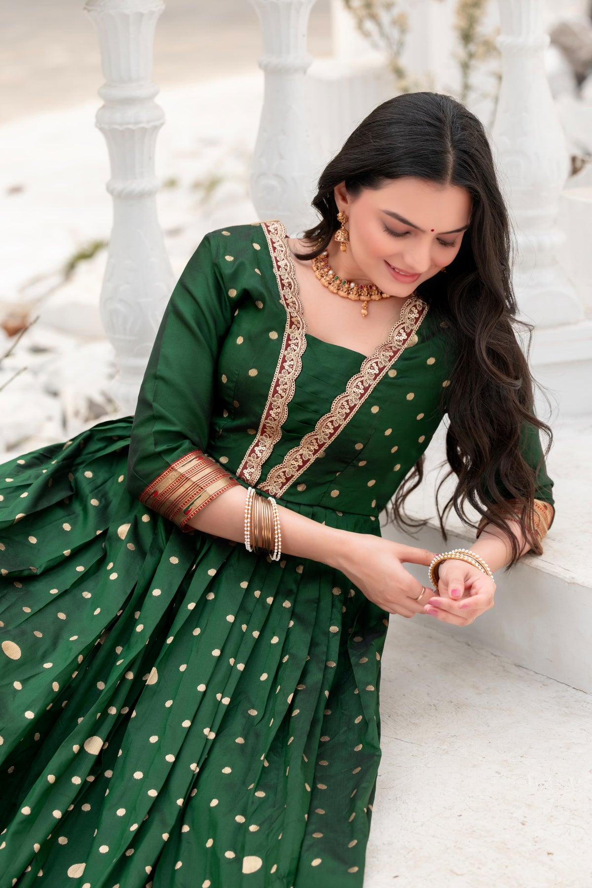 Bottle Green Polka Paithani Gown