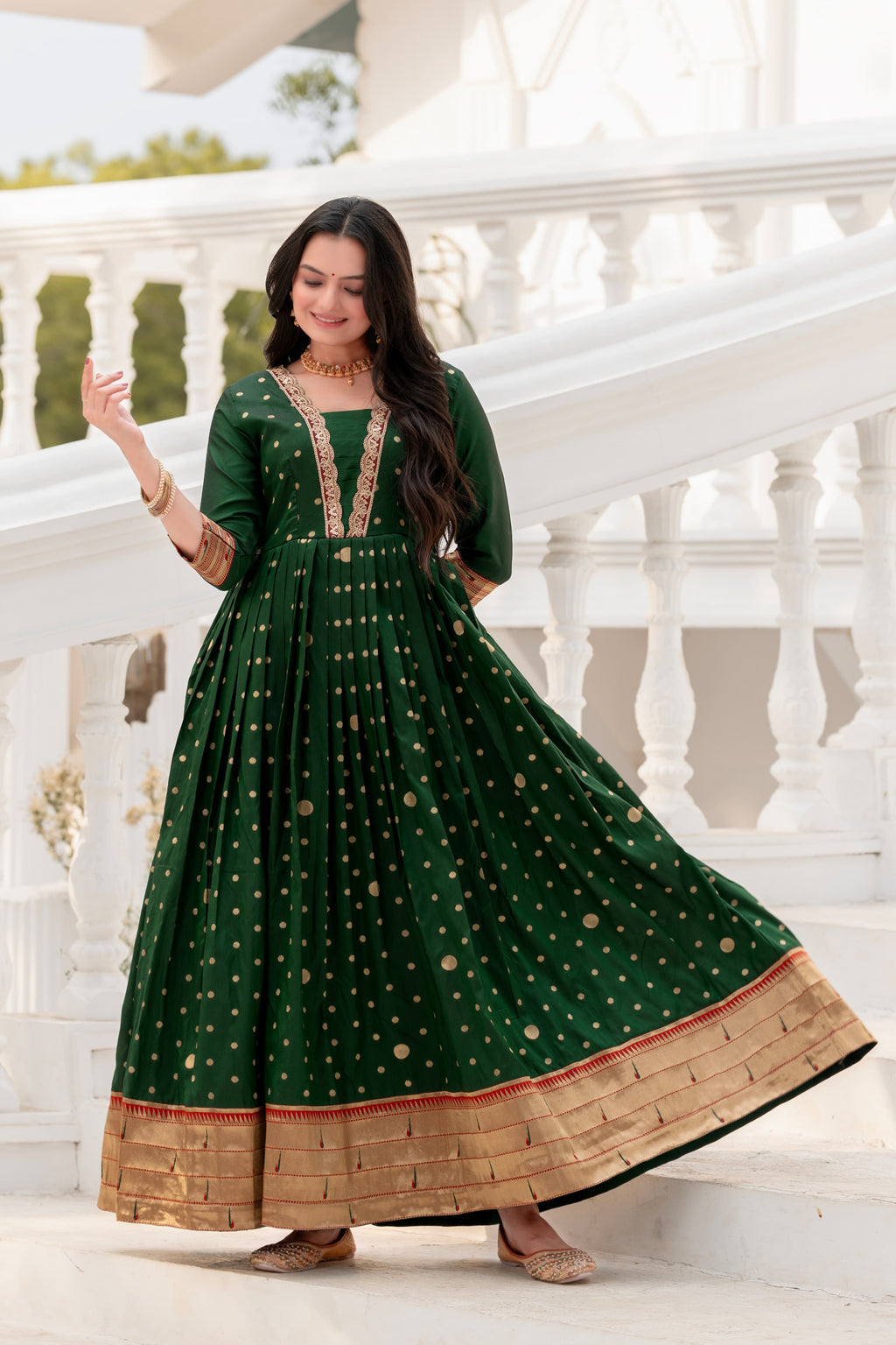 Bottle Green Polka Paithani Gown