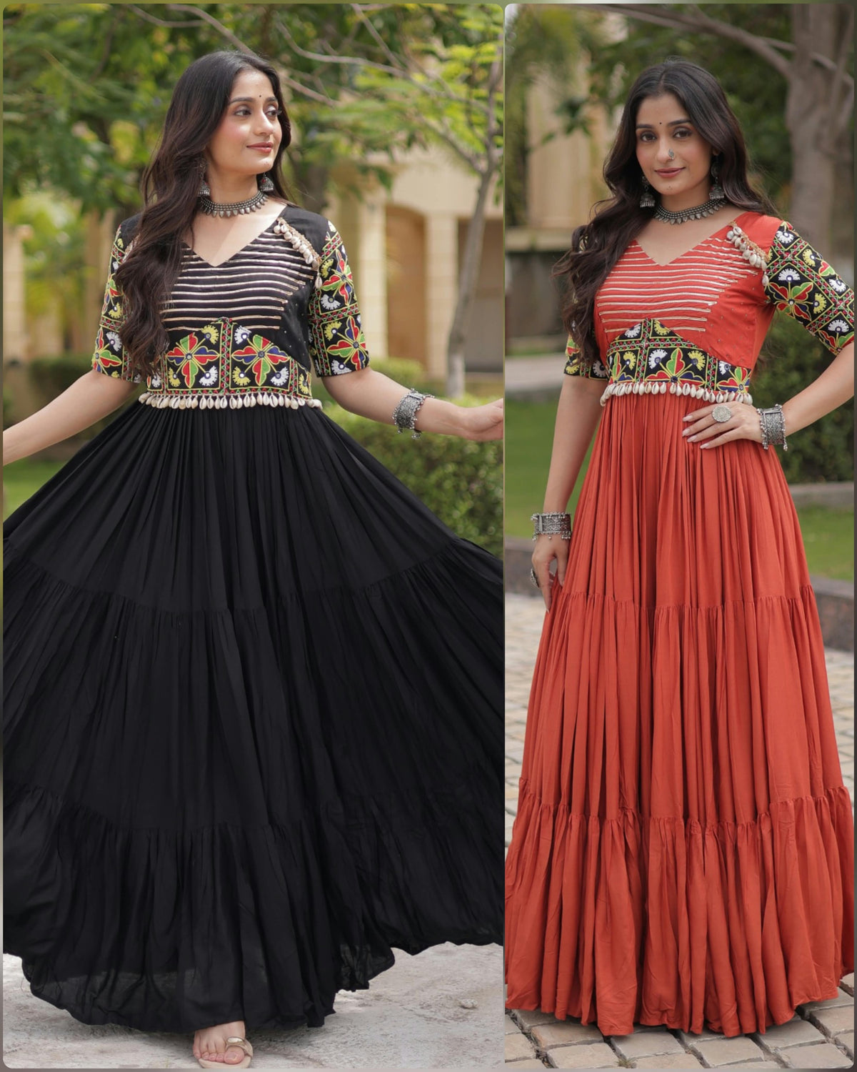 Rust And Black Kutchi Gamthi Gown