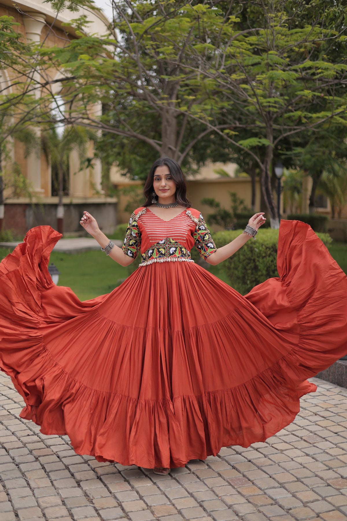 Rust And Black Kutchi Gamthi Gown