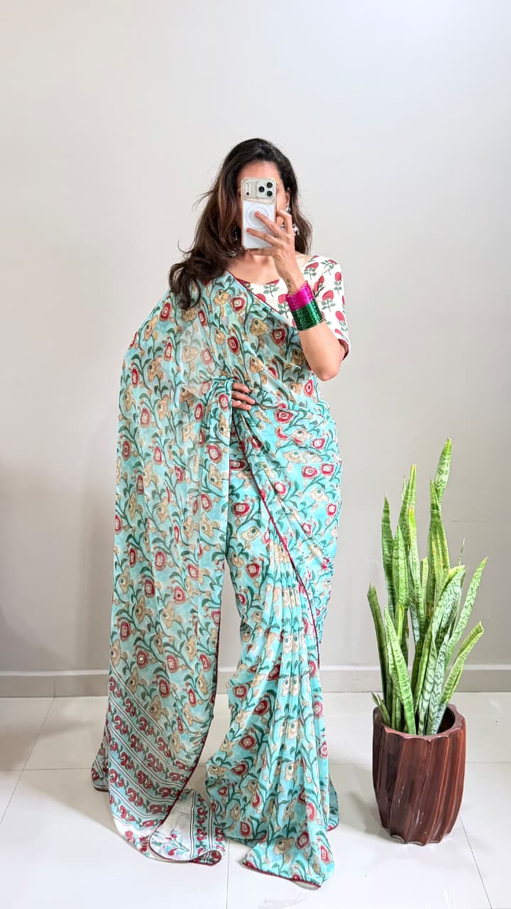 Shibori Pure Georgette Mirror Work Saree